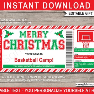 Weihnachten Basketball Camp Geschenkgutschein Ticket Vorlage zum Ausdrucken - Überraschungs Trainingslager oder Fertigkeitszentrum - INSTANT DOWNLOAD, Text EDITIERBAR