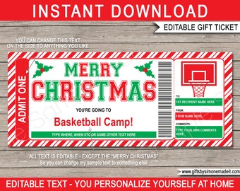 Christmas Basketball Camp Gift Voucher Ticket Template Printable - Surprise Training Camp or Skills Clinic - INSTANT DOWNLOAD, text EDITABLE