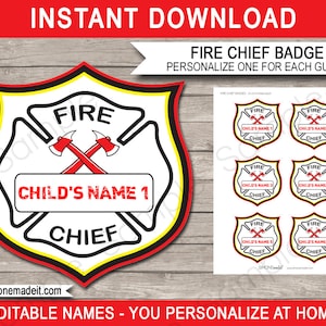 Fireman Badge Template - Fire Chief Name Tag - Printable Firefighter Theme Birthday Party Decorations - INSTANT DOWNLOAD with EDITABLE text