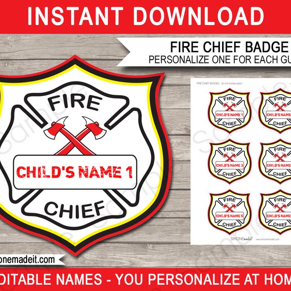 Fireman Badge Template - Fire Chief Name Tag - Printable Firefighter Theme Birthday Party Decorations - INSTANT DOWNLOAD with EDITABLE text