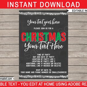 以下が含まれることがあります： 黒板スタイルのクリスマス招待状。編集可能なテキストがあり、「CHRISTMAS」の文字は赤と緑で表示され、日付、時間、場所などの詳細を入力できます。招待状はストリングライトで縁取られています。