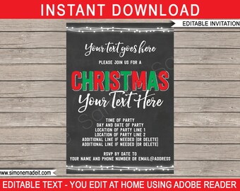 Christmas Party Invitation Template - Printable Xmas Invite - Chalkboard - INSTANT DOWNLOAD with EDITABLE text - you personalize at home