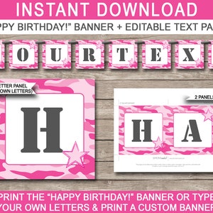 Pink Camo Banner - Happy Birthday Banner - Custom Banner - Party Decorations - Bunting - INSTANT DOWNLOAD with EDITABLE text