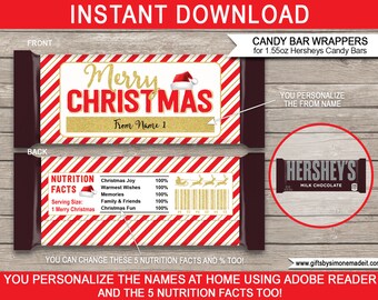 Printable Christmas Candy Bar Wrappers Template Printable - Chocolate Labels - School Classroom Gifts - INSTANT DOWNLOAD with EDITABLE Names