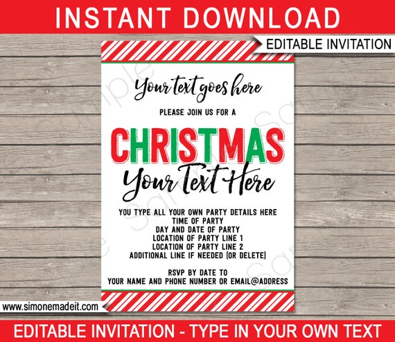 Christmas Party Invitations - Printable Christmas Invites - Any Occasion - INSTANT DOWNLOAD with EDITABLE text - you personalize at home Il_570xn