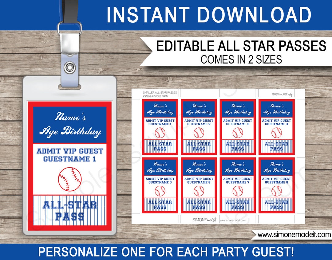 Vip All Star Baseball Birthday Party Pass: Editable VIP All-star Badge (digital ...