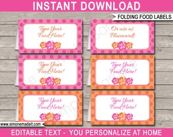 Peut inclure: Etiquettes alimentaires imprimables avec un fond à pois rose et orange. Les étiquettes présentent un motif de fleurs tropicales et le texte "Type Your Food Here!" Les étiquettes sont conçues pour être pliées et utilisées comme cartes de place ou étiquettes alimentaires.