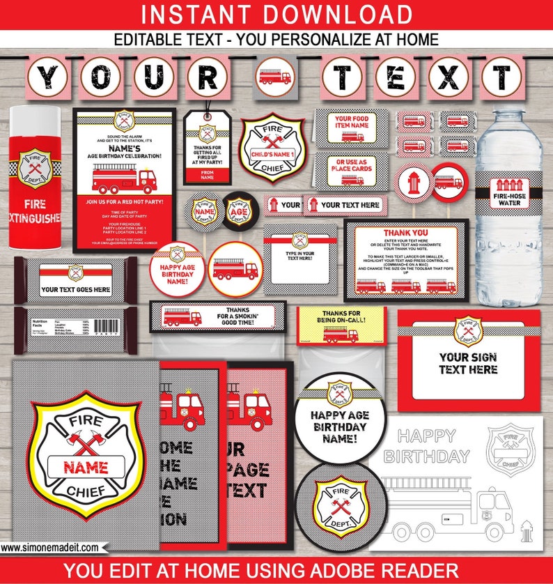 Fireman Party Decorations Invitation Printable Template Bundle Firetruck Package Pack Set Kit Collection INSTANT DOWNLOAD text EDITABLE image 1