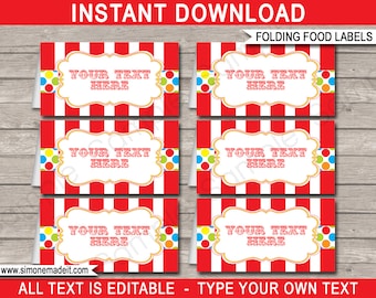 May include: Six red and white striped printable food labels with a gold border and colorful polka dots. The labels have the text "YOUR TEXT HERE" on each one.