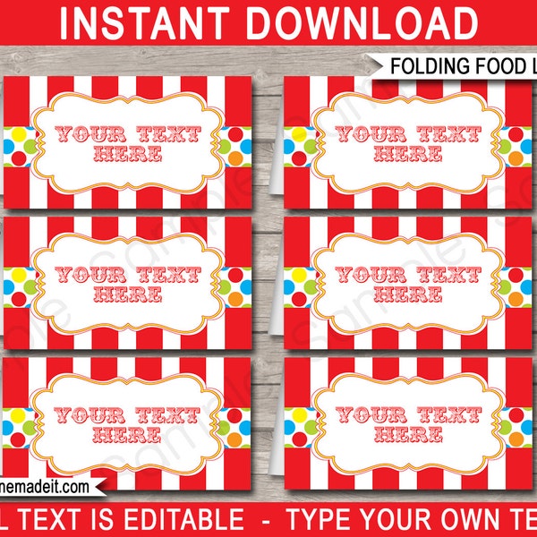 Carnival Food Labels Template - Carnival Theme Party - Circus - Place Cards - Printable Party Decorations - INSTANT DOWNLOAD text EDITABLE