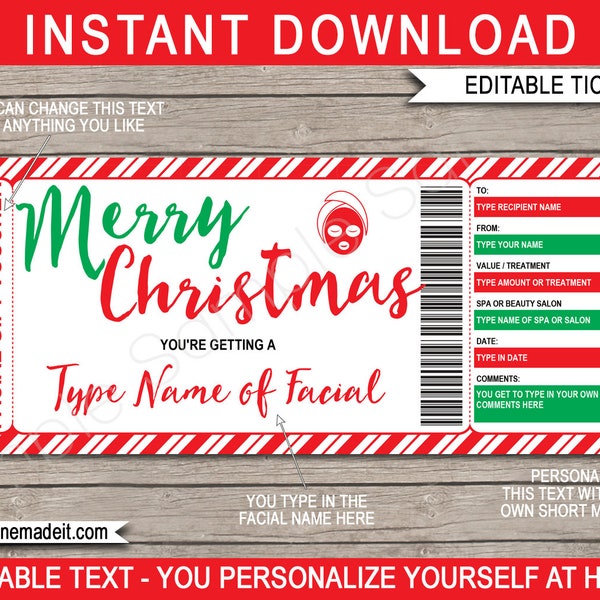 Printable Christmas Facial Gift Voucher Certificate Ticket Template - Spa Treatment Beauty Salon Visit - INSTANT DOWNLOAD with EDITABLE text