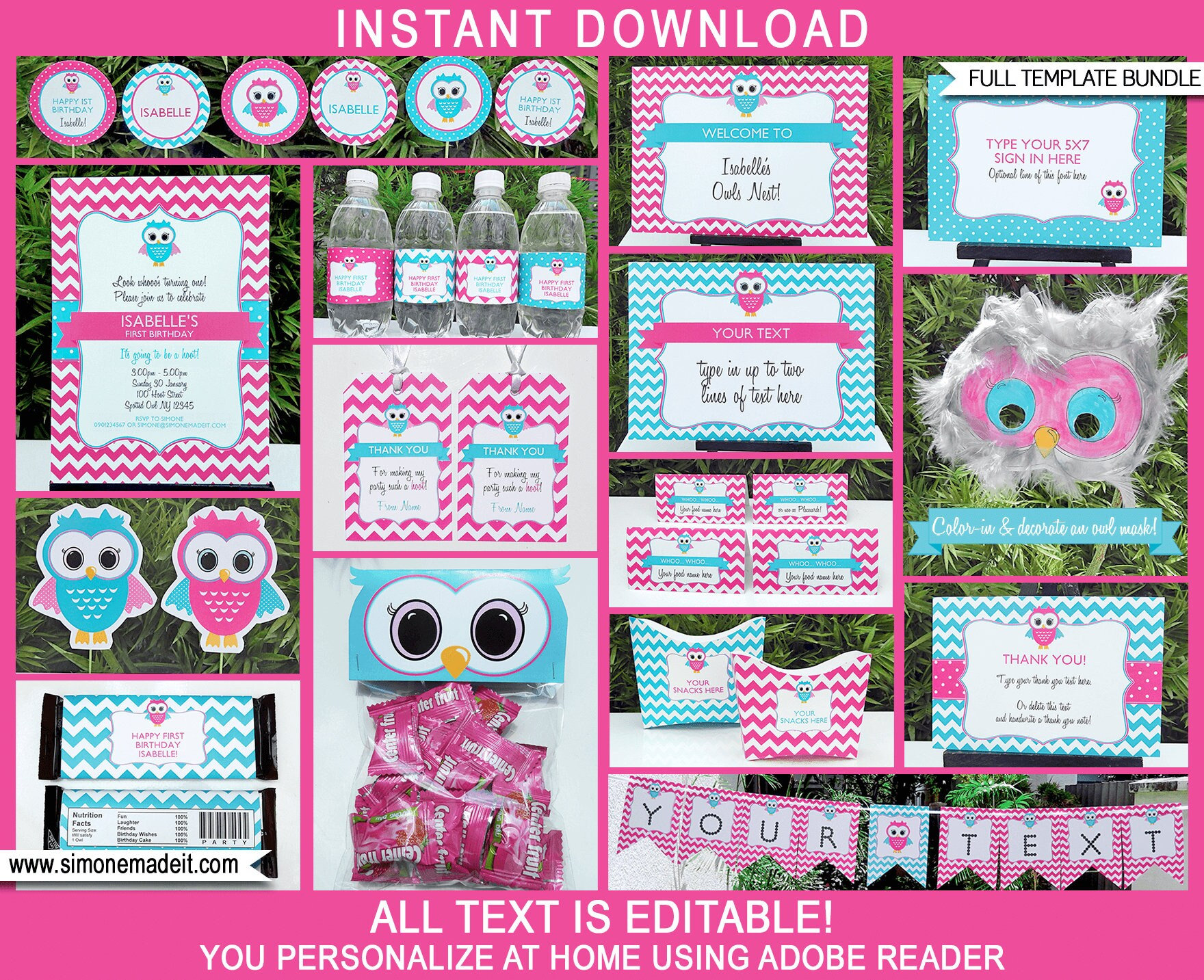 Editable Owl Birthday Party Decorations & Invitation Set (Digital Download)