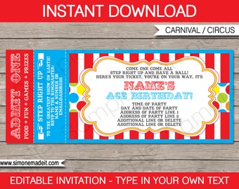 Carnival Birthday Party Ticket Invitation Printable Template - Circus Invite - INSTANT DOWNLOAD with EDITABLE text - you personalize at home