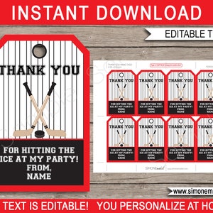 Hockey Favor Tags: Editable Birthday Party Thank You (Digital Download)