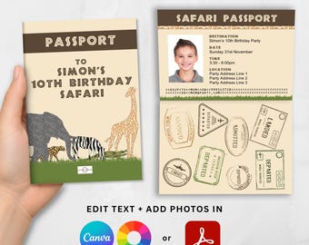 Safari Passport Invitation Template, Kids Zoo Birthday Invite with Photo, Canva and Adobe PDF