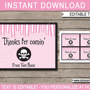 Puede incluir: Tarjetas de agradecimiento imprimibles rosas y negras con un dise&ntilde;o de calavera y huesos cruzados. El texto dice "Thanks fer comin'" y "From Your Name".
