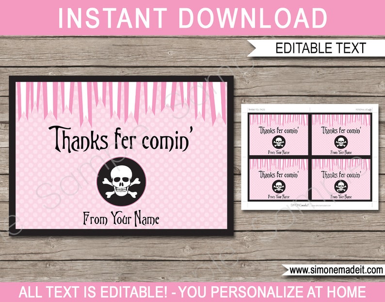 Puede incluir: Tarjetas de agradecimiento imprimibles rosas y negras con un dise&ntilde;o de calavera y huesos cruzados. El texto dice "Thanks fer comin'" y "From Your Name".