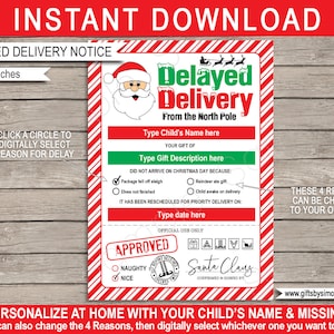 Modelo de presente atrasado do Papai Noel - Carta de presente de Natal atrasada para impressão - Aviso de presente perdido - DOWNLOAD INSTANTÂNEO - Nomes EDITÁVEIS