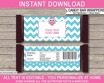 Owl Candy Bar Wrappers: Editable Birthday Party Favors (Digital Download)