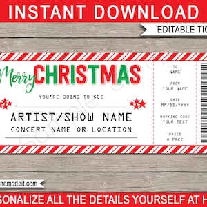 Weihnachts-Konzertkarte Vorlage - Überraschungsshow, Aufführung, Künstler - Druckbarer Geschenkgutschein - INSTANT DOWNLOAD mit EDITIERBARE Text