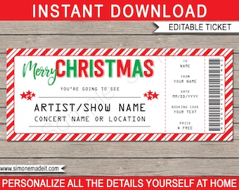 Christmas Concert Ticket Template - Surprise Show, Performance, Artist - Printable Gift Certificate - INSTANT DOWNLOAD with EDITABLE text