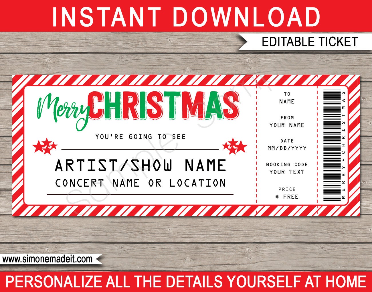 concert ticket template Christmas Concert Ticket Template - Surprise Show, Performance, Artist -  Printable Gift Certificate - INSTANT DOWNLOAD with EDITABLE text