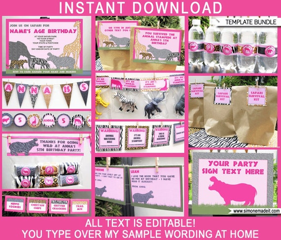 Pink Zoo Safari Birthday Party Invitation Decorations Printable Templates - Full Package - Girls - INSTANT DOWNLOAD with EDITABLE text Il_570xn