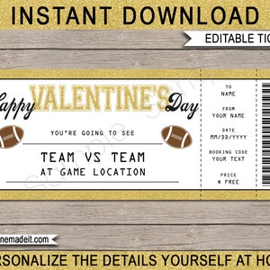 Football Ticket Gift Voucher Valentines Day - Surprise Football Game Ticket - Printable Gift Certificate - INSTANT DOWNLOAD - EDITABLE text