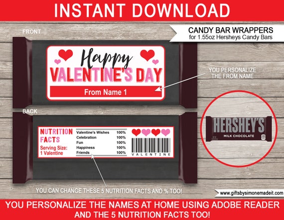 Valentine Candy Bar Wrappers Template - Printable Chocolate Labels - Gift Tags - School Class Gifts - INSTANT DOWNLOAD with EDITABLE Names Il_570xn