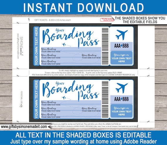 Modello di carta d'imbarco modificabile stampabile sorpresa regalo di  viaggio biglietto aereo falso destinazione volo aereo coupon fai da te  DOWNLOAD immediato -  Italia