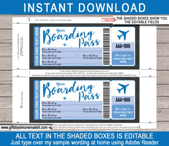 Modello di carta d'imbarco modificabile stampabile sorpresa regalo di  viaggio biglietto aereo falso destinazione volo aereo coupon fai da te  DOWNLOAD immediato -  Italia