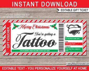 Tattoo Certificate Template Christmas Gift Card Voucher Ticket Printable - Heart Design - Get Inked - INSTANT DOWNLOAD with EDITABLE text