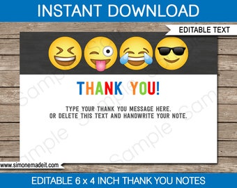 Emoji Thank You Cards Template - Printable Boys Emoji Theme Birthday Party Notes - Favor Tags - 4x6 inch - INSTANT DOWNLOAD - EDITABLE text