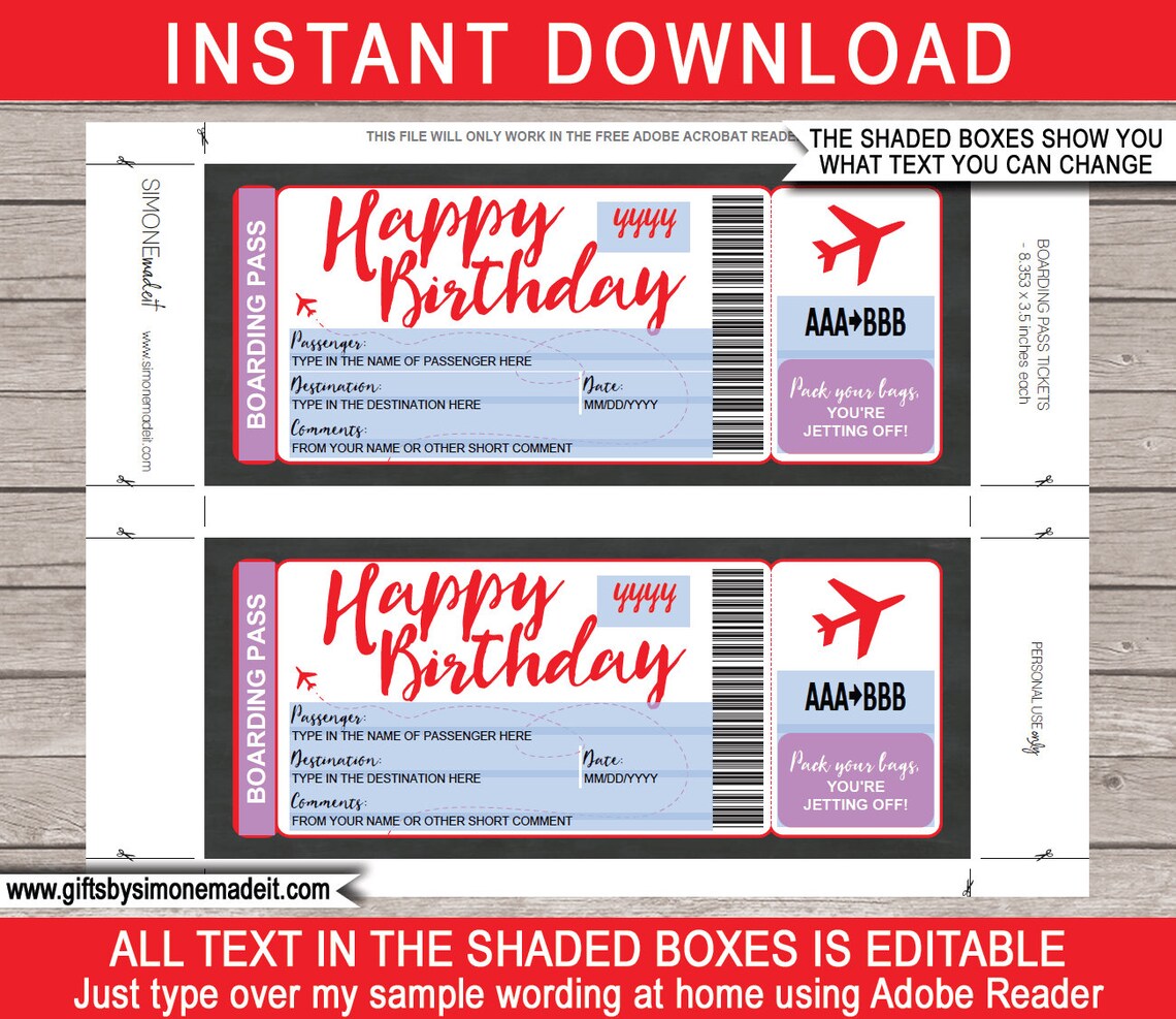 Printable Plane Ticket Surprise Trip Reveal Birthday Gift - Etsy