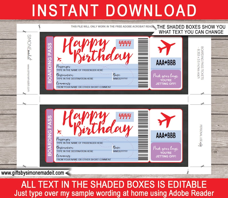 Printable Plane Ticket Surprise Trip Reveal Birthday Gift - Etsy