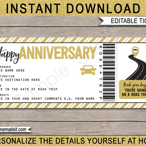 Anniversary Road Trip Ticket Gift Template - Surprise Trip Getaway Holiday Vacation - Car Road Trip Reveal Coupon - EDITABLE TEXT DOWNLOAD