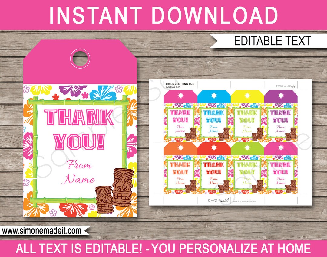 Luau Birthday Party Favor Tags Printable Template - Thank You Tags ...