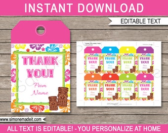 Luau Birthday Party Favor Tags Printable Template - Thank You Tags - INSTANT DOWNLOAD with EDITABLE text template - you personalize at home