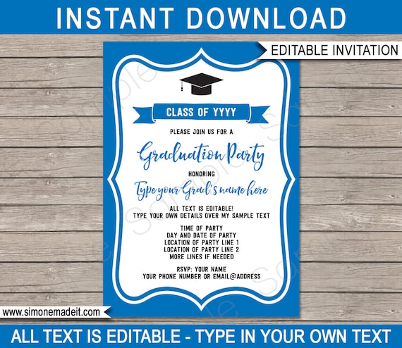 Blue Graduation Party Invitations - Printable Template - Any Year - Grad Party Invite - INSTANT DOWNLOAD - EDITABLE text - you personalize Il_570xn