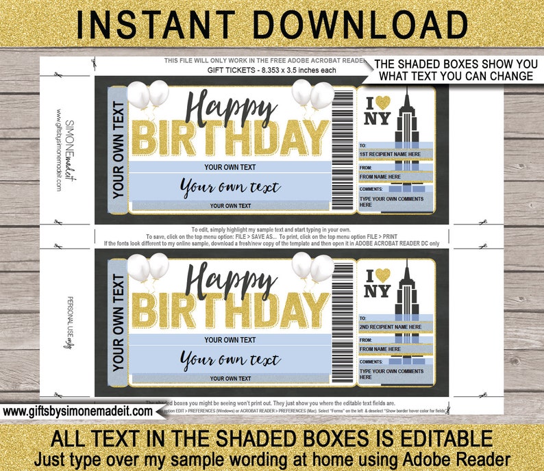 New York Ticket Template Gift Voucher Certificate EDITABLE text Printable Birthday Trip Reveal Boarding Pass Holiday Vacation Getaway