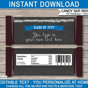 Graduation Candy Bar Wrappers - Graduation Party - Printable Party Decorations - Blue & Chalkboard - INSTANT DOWNLOAD with EDITABLE text
