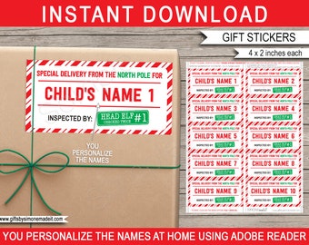 Christmas Gift Tags Template - Printable Stickers Labels Inspected by Elf in the North Pole - for Kids - INSTANT DOWNLOAD - EDITABLE Names