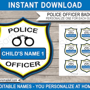 Police Officer Badges Template - Printable Birthday Party Decorations - INSTANT DOWNLOAD with EDITABLE text - personalize at home
