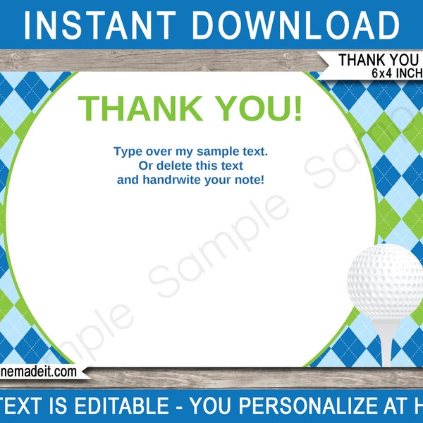 Golf Party Thank You Cards - Golf Theme - Printable Thank You Notes - Golf Birthday Party - 4x6 inch - INSTANT DOWNLOAD with EDITABLE text