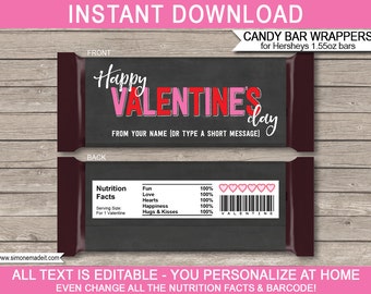 Valentine Candy Bar Wrappers Template - Printable Chocolate Labels - School Class Friend Gifts - INSTANT DOWNLOAD with EDITABLE text