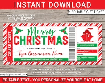 Cruise Ticket Template Boarding Pass Christmas Gift - Surprise Holiday Vacation Reveal - Printable Gift Certificate Voucher - EDITABLE text