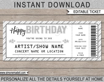 Birthday Gift Concert Ticket Template - Printable Gift Voucher Certificate Ticket Coupon - Surprise Concert or Show - EDITABLE TEXT DOWNLOAD