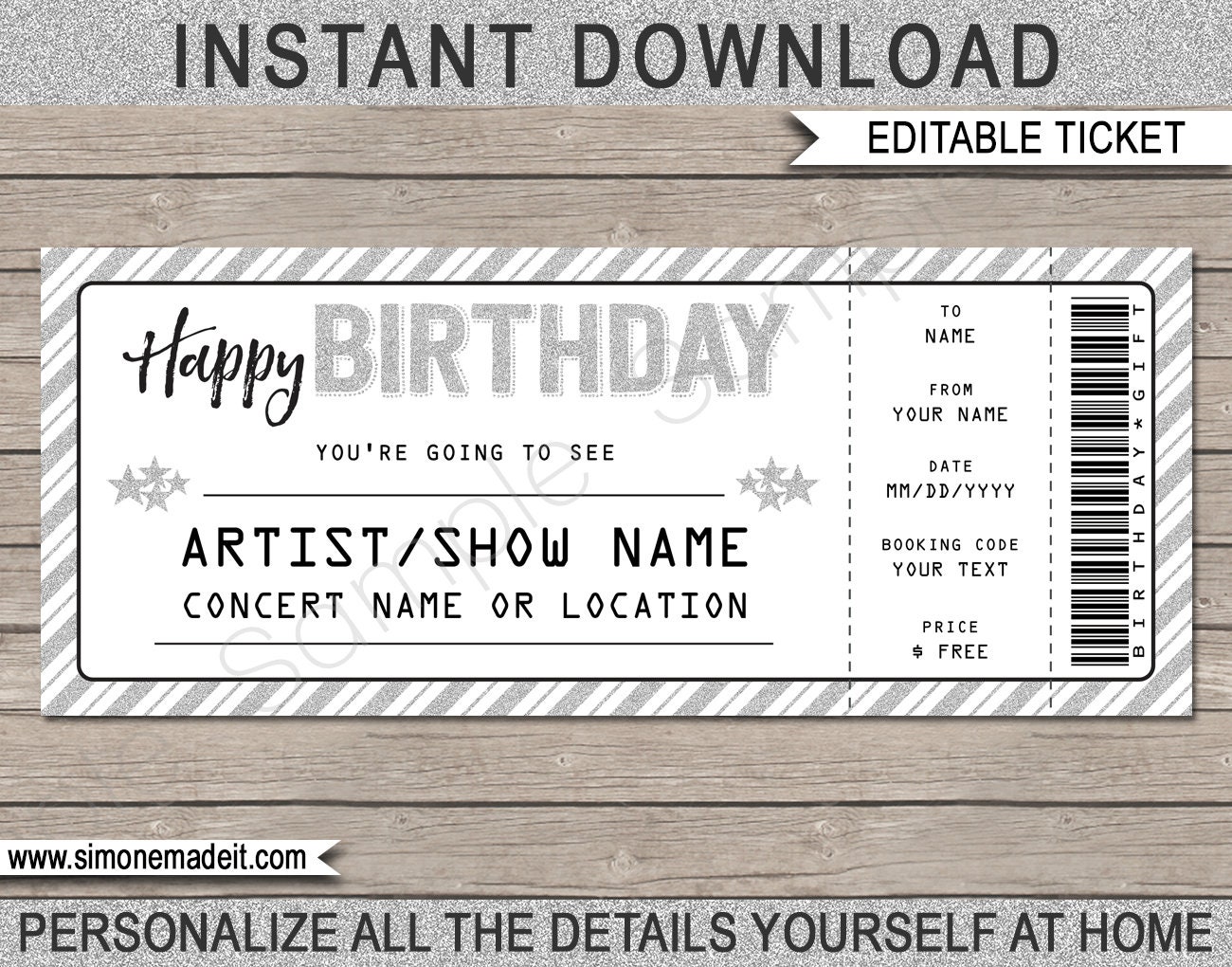 concert ticket template Birthday Gift Concert Ticket Template - Printable Gift Voucher Certificate  Ticket Coupon - Surprise Concert or Show - EDITABLE TEXT DOWNLOAD