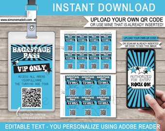 May include: A printable backstage pass template with a blue and black colour scheme. The pass features a QR code, the text "Backstage Pass", "VIP Only", and "Access all areas". The template is editable and can be personalized using Adobe Reader.