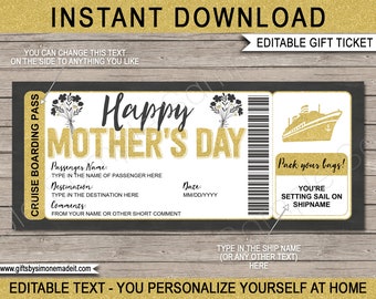 Printable Mothers Day Cruise Ticket Template Boarding Pass Gift - Surprise Cruise Reveal Voucher - INSTANT DOWNLOAD with EDITABLE text